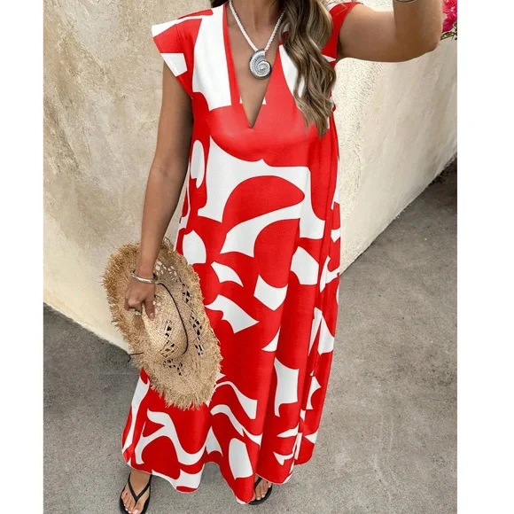 Abstract Geo Print Cap Sleeve V neck Flowy Maxi Dress - Picture 6 of 11